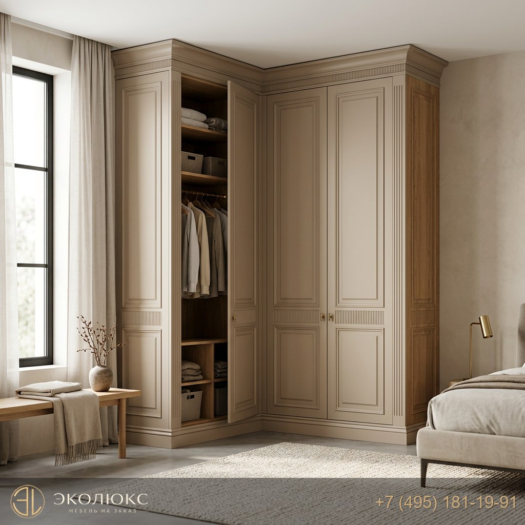 Г-образный бежевый шкаф в спальню